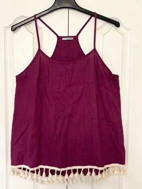 Women’s P.S. Kate Plum Tassel Hem Spaghetti Strap Summer Tank Top 100% linen